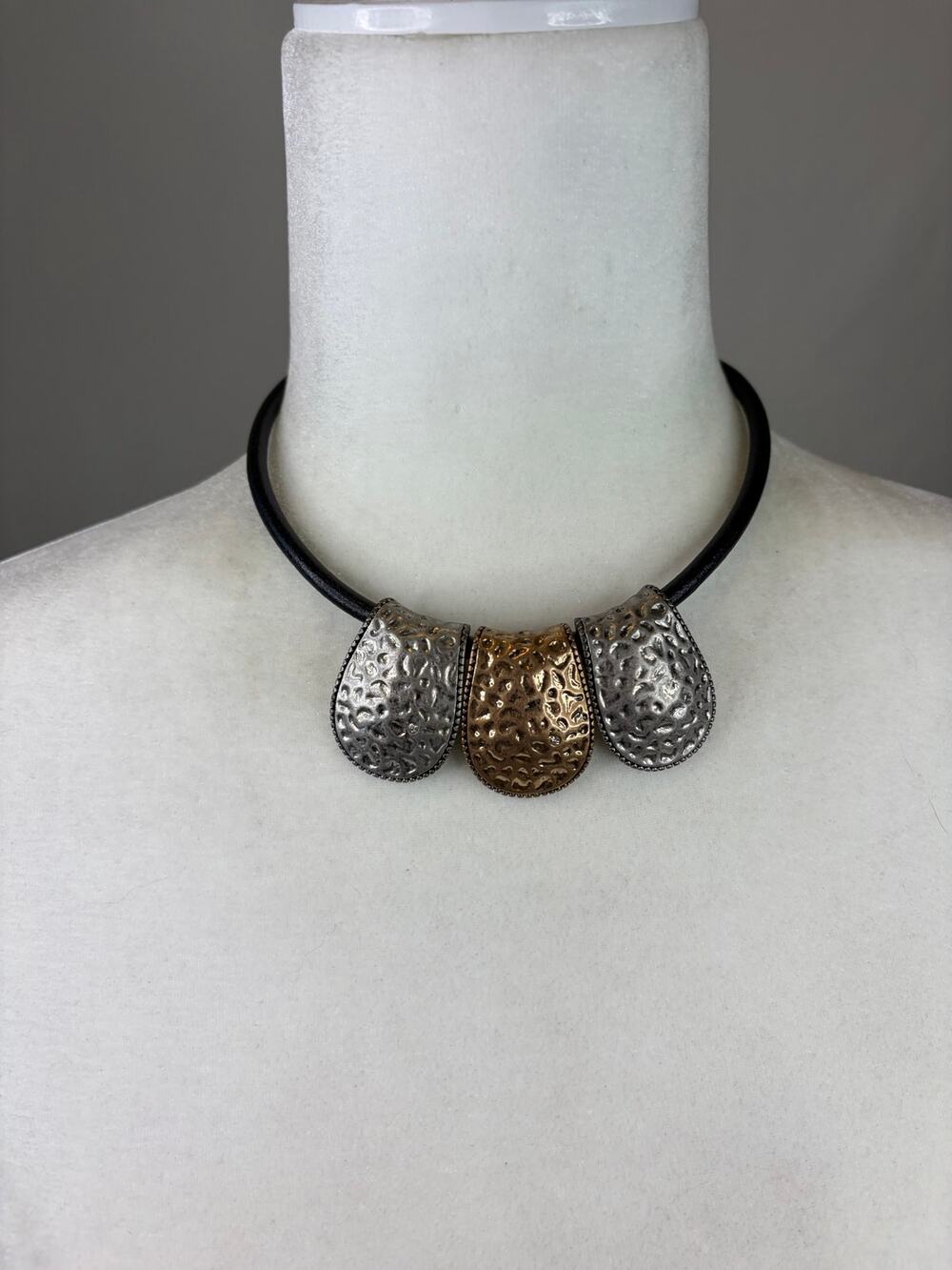 Chico's Mixed Metal Statement Necklace Textured Silver Bronze Tone 16in